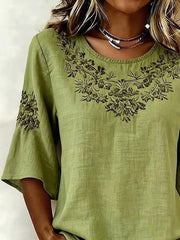 Women Crew Neck Half Sleeve Green Floral Vintage Casual Summer Top