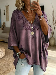 Ethnicity Texture Flowers Women's Art Print Casual Washed Cotton Denim Top
