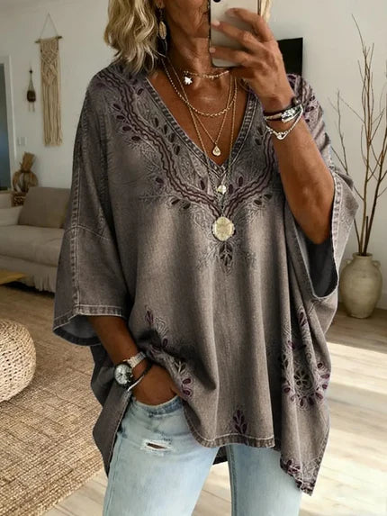 Ethnicity Texture Flowers Women's Art Print Casual Washed Cotton Denim Top