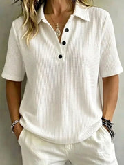 White Waffle Knit Plain Polo Collar Half Sleeve Three Button Casual T-Shirt With Side Pockets