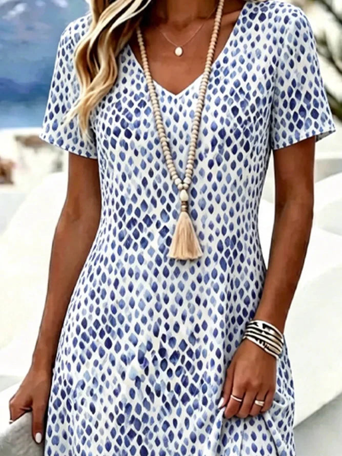 Blue Watercolor Dot Print V Neck Short Sleeve Loose A-Line Midi T-Shirt Dress
