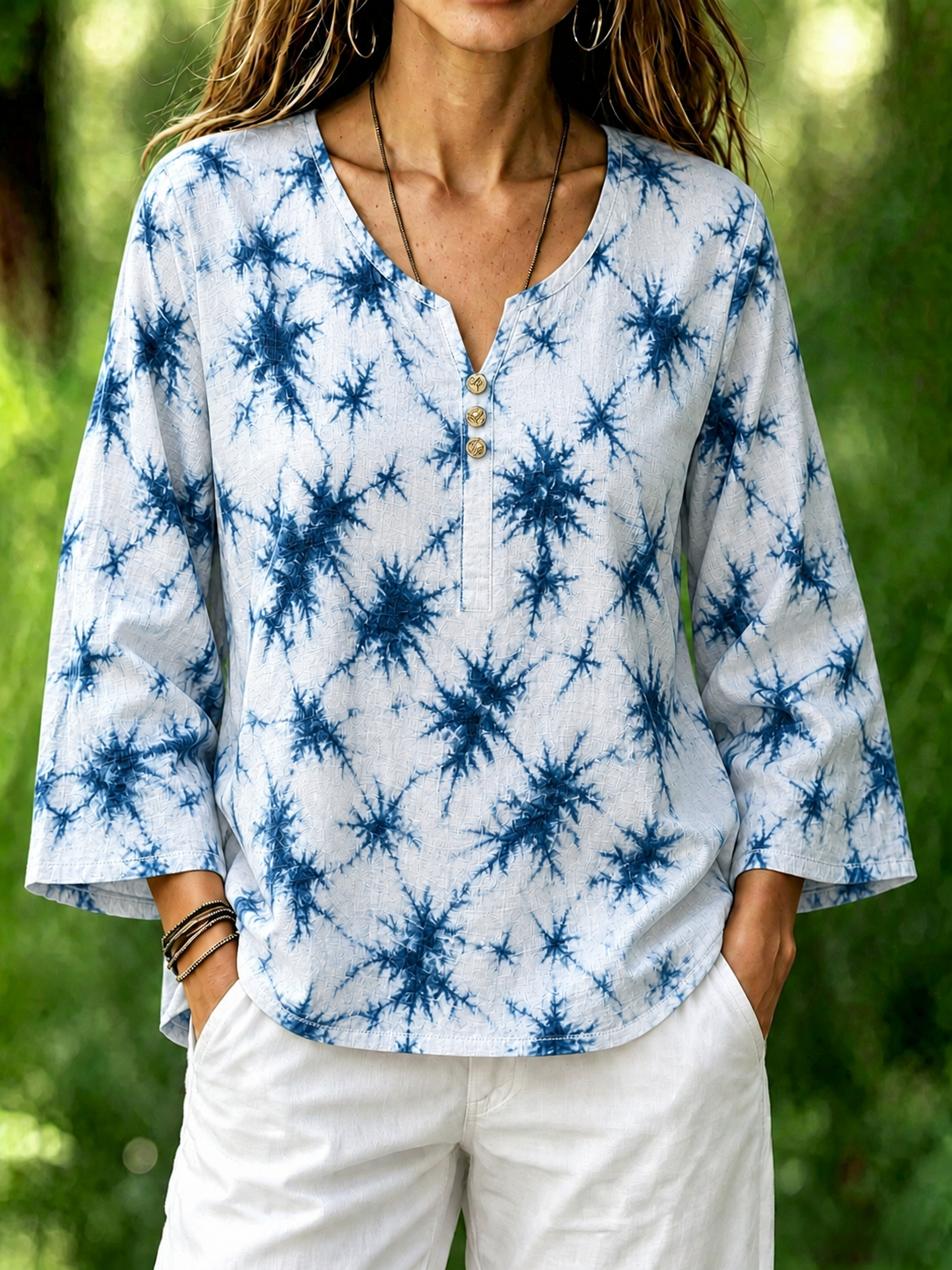 Blue Tie-Dye Burst Print Notch Henley Neck Flare Loose Linen Blouse With Side Pockets