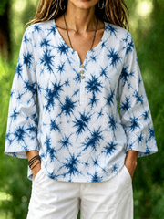 Blue Tie-Dye Burst Print Notch Henley Neck Flare Loose Linen Blouse With Side Pockets