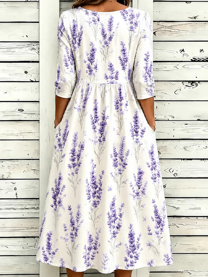 Off White Lavender Floral Crew Neck Half Sleeve A-Line Summer T-Shirt Dress