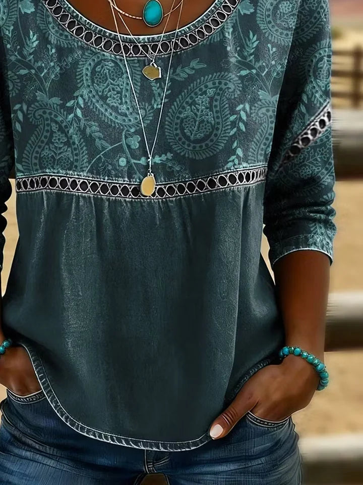 Green Paisley Floral Print Crew Neck Half Sleeve Loose Blouse For Women