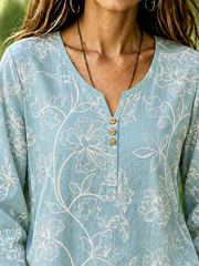 Light Blue Floral Print Crew Neck Long Sleeve Loose Blouse For Women