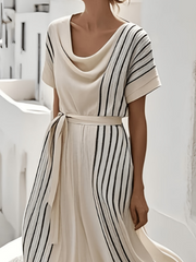 Apricot Vertical Stripe Cowl Neck Short Sleeve A-Line Summer Midi Dress With Belt