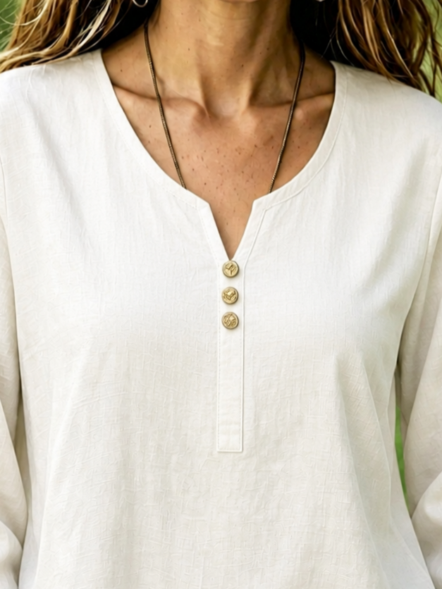 White Plain Crew Neck Long Sleeve Loose Linen Blouse For Women