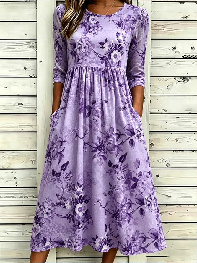 Purple Floral Crew Neck Half Sleeve A-Line Midi T-Shirt Dress For Women