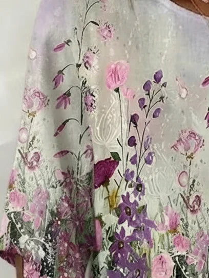 Watercolor Wild Floral Crew Neck Half Sleeve Regular Fit Blouse For Women