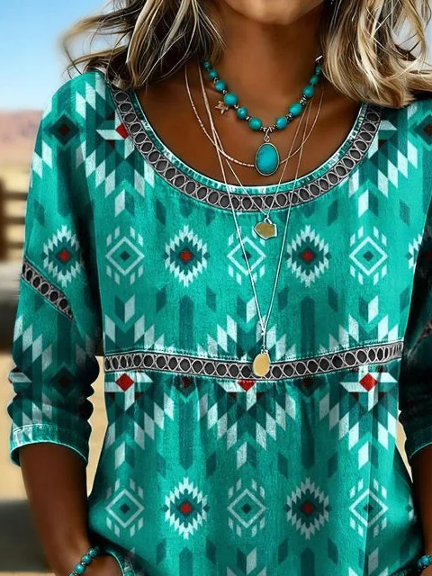 Green Western Geometric Tribal Print Crew Neck 3/4 Sleeve Loose Blouse For Women
