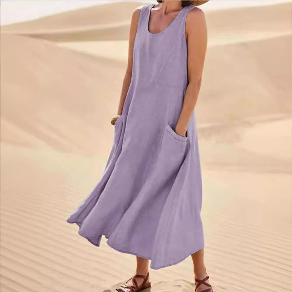 Sleeveless Round Neck Patch Pocket Linen Blend A-Line Maxi Dress For Women