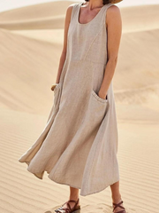 Sleeveless Round Neck Patch Pocket Linen Blend A-Line Maxi Dress For Women