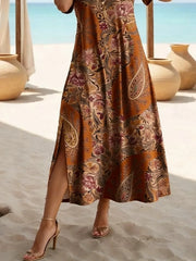 Brown Paisley Floral Print Crew Neck Short Sleeve Side Split H-Line Maxi Dress For Women