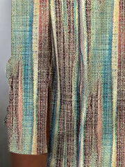 Khaki Multicolor Vertical Contrast Stripe Crew Neck Three-Quarter Sleeve Casual Blouse For Women