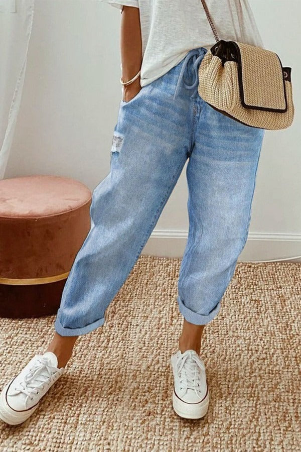 Blue Casual Solid Ripped Pants