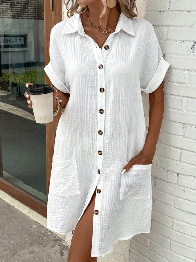 White Textured Shirt Collar Single Breasted Rolled Short Sleeve Pocket Loose Mini Shirt Dress For Women