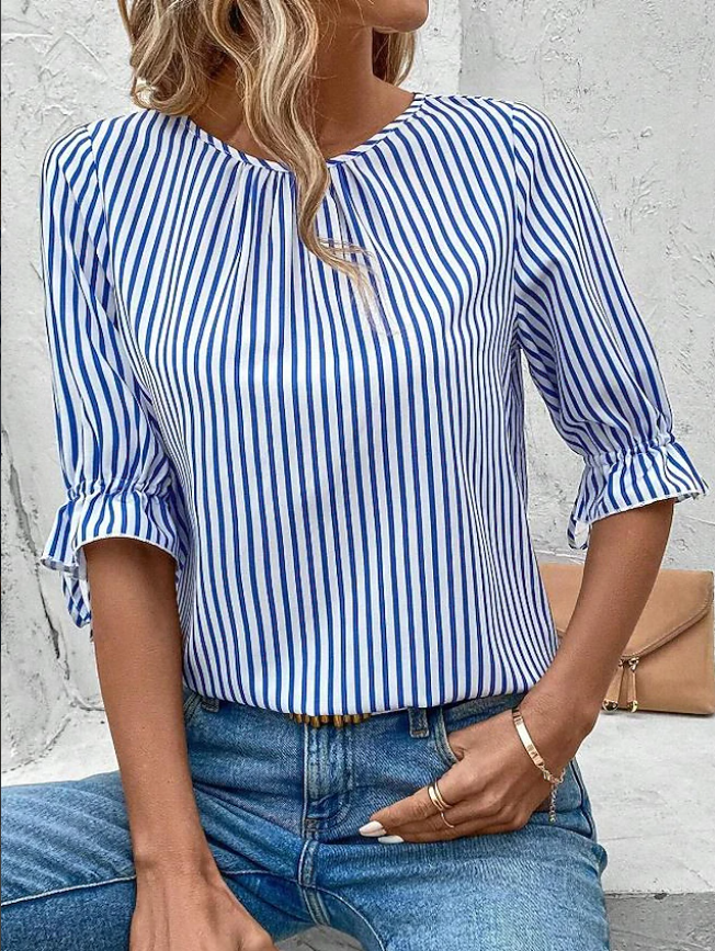 Blue White Vertical Striped Crew Neck Ruffle Half Sleeve Back Button Curved Hem Elegant Work Blouse For Women