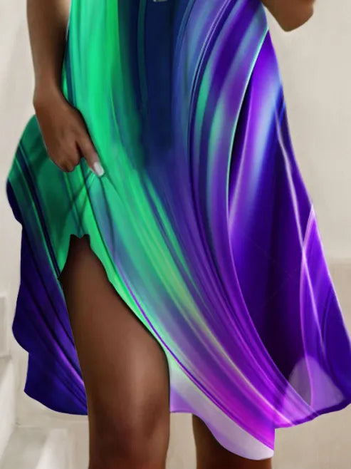 Green Purple Aurora Gradient Print Round Neck Short Sleeve Irregular Slit Hem Casual Midi Dress For Women