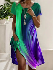 Green Purple Aurora Gradient Print Round Neck Short Sleeve Irregular Slit Hem Casual Midi Dress For Women