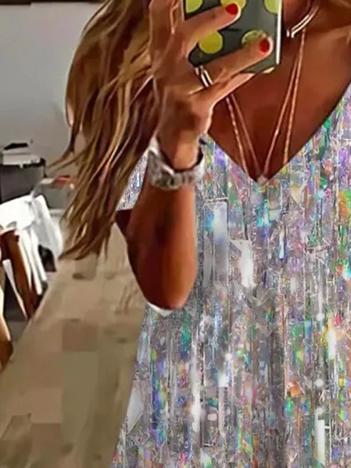 Holographic Sequin Print V-Neck Short Sleeve Loose Casual Mini Tank Dress For Women