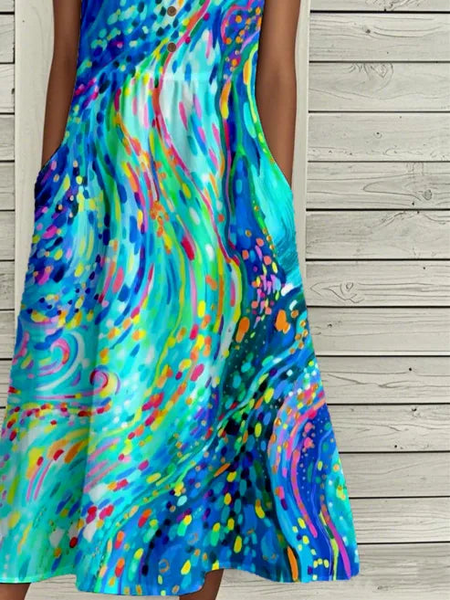 Blue Swirl Abstract Art Print Notched V-Neck Sleeveless Side Pocket Loose Midi Dress For Women