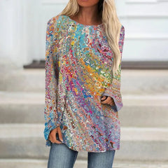 Multicolor Abstract Swirl Print Round Neck Long Sleeve Side Pocket Loose Longline Casual Tunic Top For Women