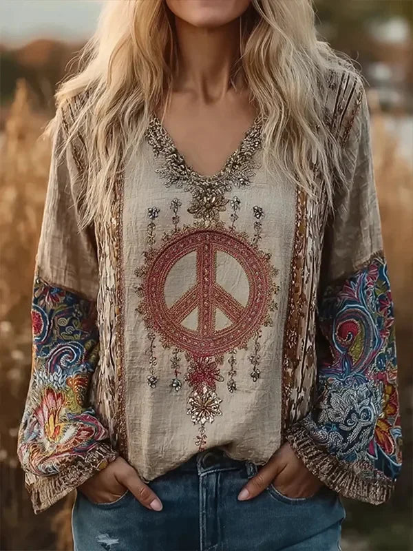 Women's Boho Flower Anti-War Peace Symbol Patterns V Neck Long Sleeve T-Shirt