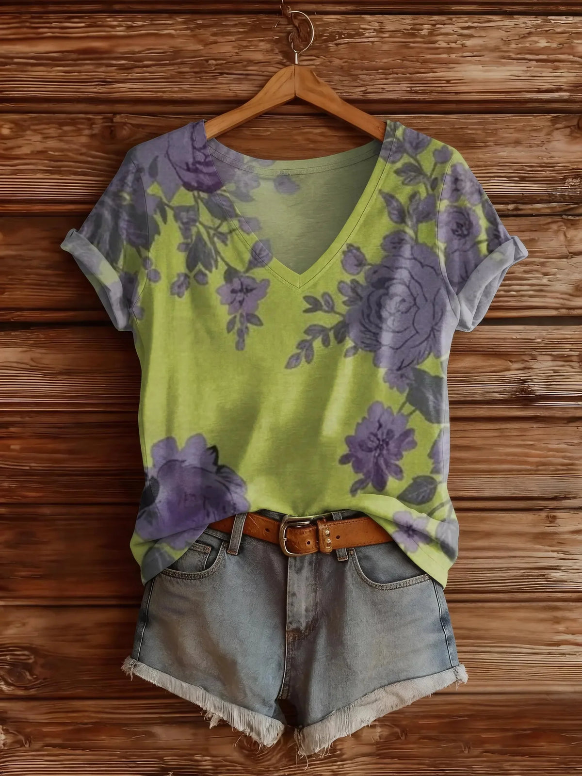 Women's Retro Hippie Flower Art Print V-Neck Short-Sleeve Top