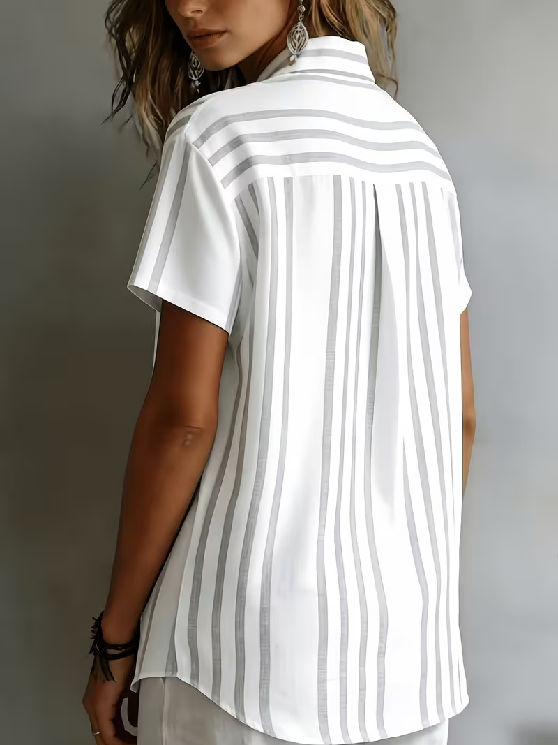 White Grey Vertical Striped Shirt Collar Short Sleeve Micro Elastic Loose Button Down Women Shirt