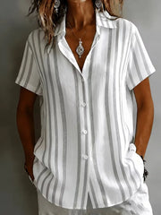 White Grey Vertical Striped Shirt Collar Short Sleeve Micro Elastic Loose Button Down Women Shirt