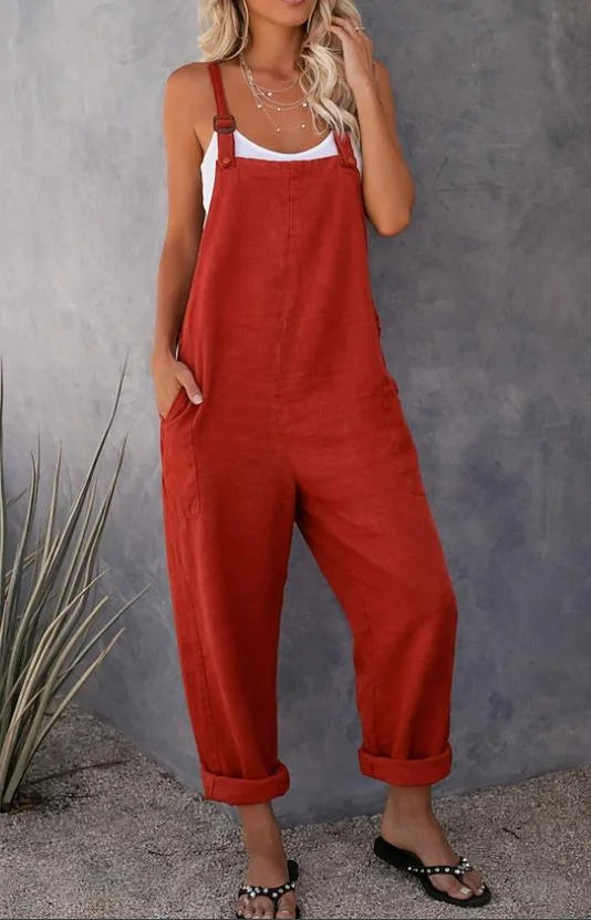 Women's Solid Linen Look Comfort Cargo Jumpsuit Pants