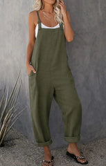 Women's Solid Linen Look Comfort Cargo Jumpsuit Pants