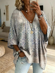 Women's Retro Ethnic Floral Art Print Casual Loose Washed Cotton Denim Top