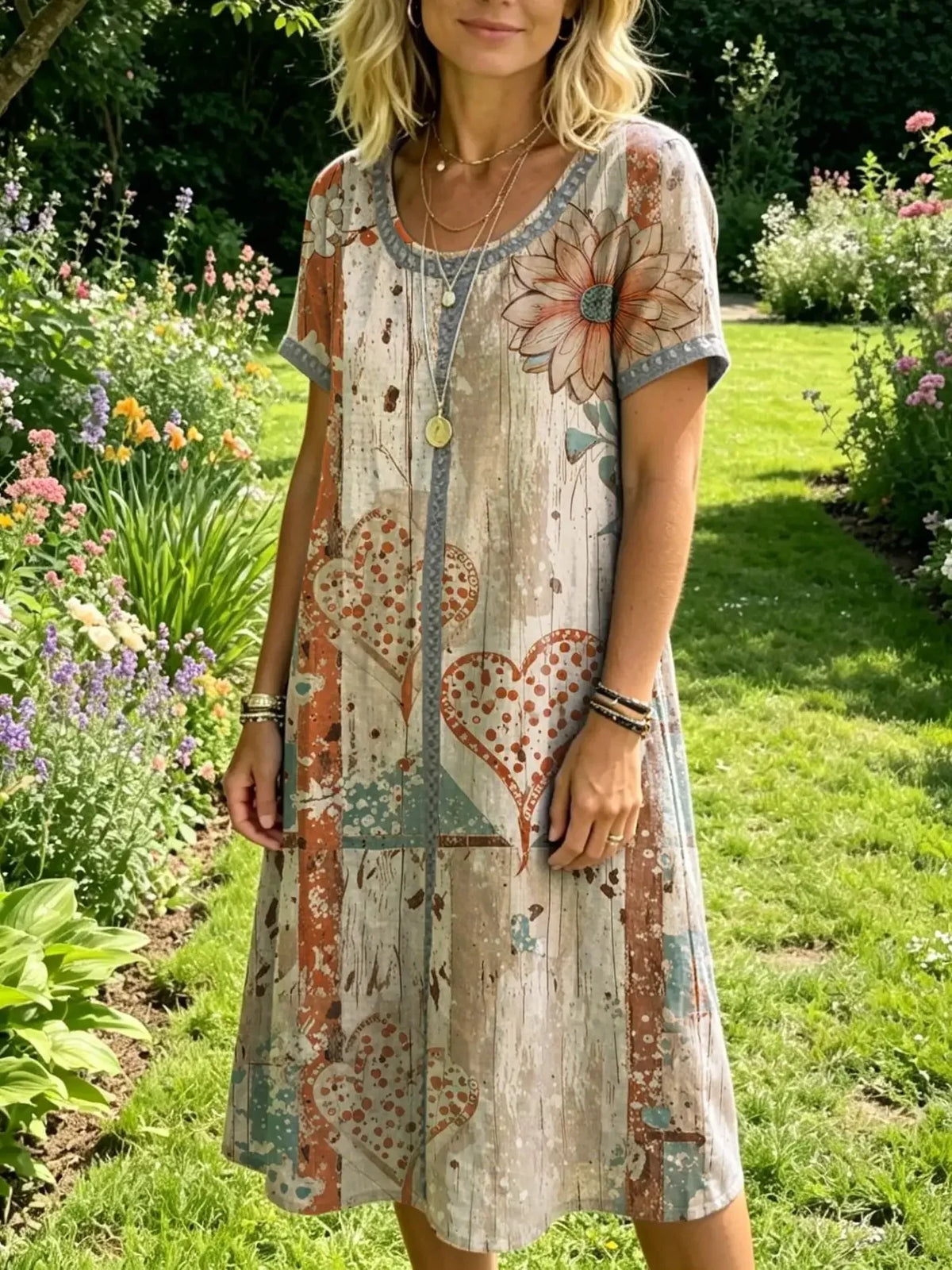 Women's Short-sleeve Round-neck Dress With Artistic Floral Print And Cutout Details