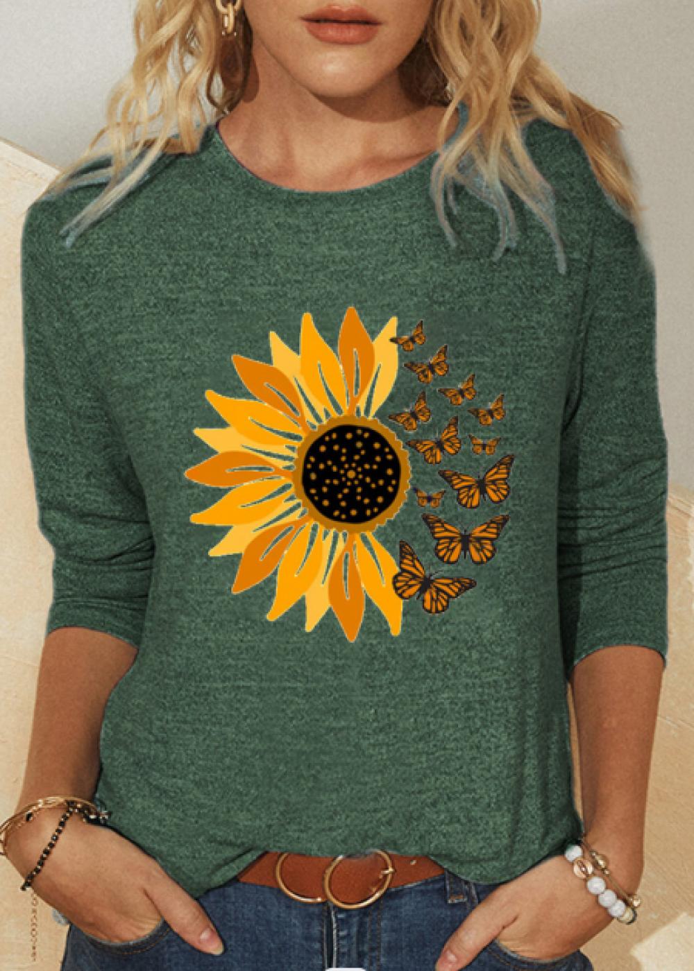 Green Floral Print Round Neck Print Long Sleeves Casual Sweatshirt