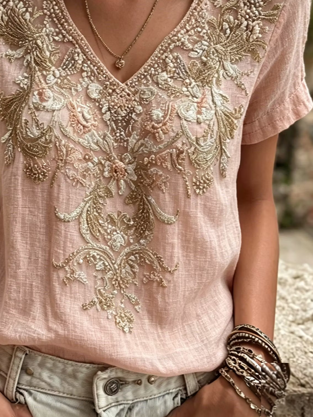 Pink Linen-Like V-Neck Intricate Vintage Floral Embroidery Short Sleeve Casual Women T-Shirt