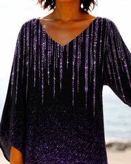 Black Purple Ombre Starry Glitter V-Neck Long Sleeve Asymmetrical Pointed Hem Loose Women Blouse