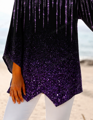 Black Purple Ombre Starry Glitter V-Neck Long Sleeve Asymmetrical Pointed Hem Loose Women Blouse