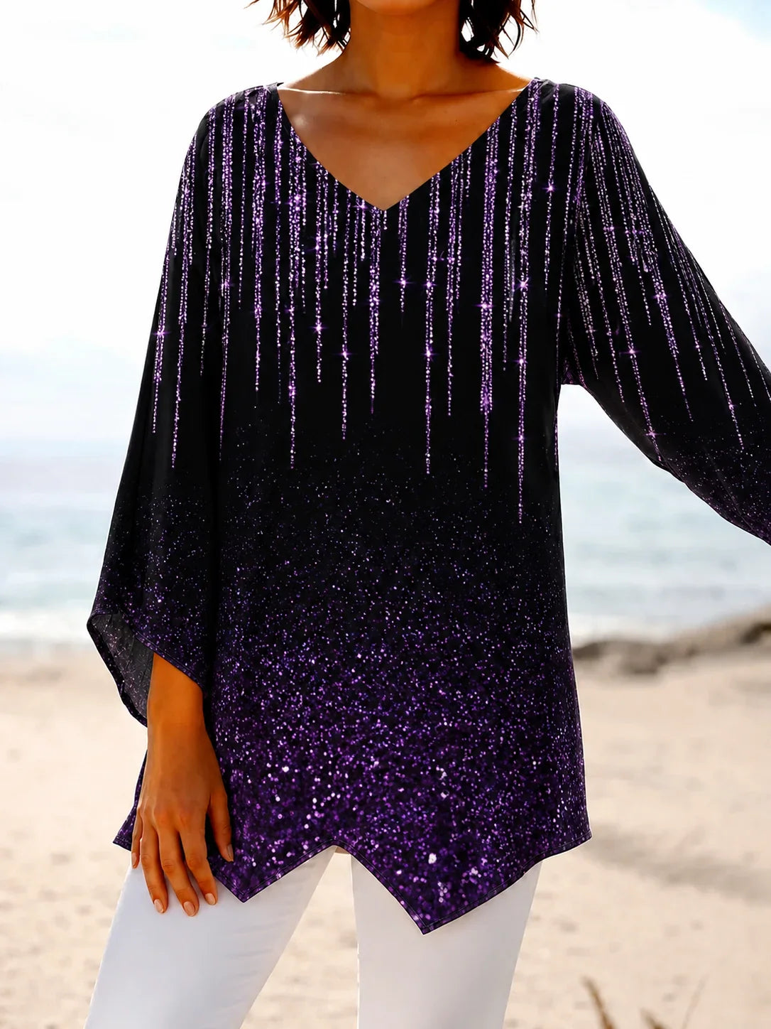 Black Purple Ombre Starry Glitter V-Neck Long Sleeve Asymmetrical Pointed Hem Loose Women Blouse