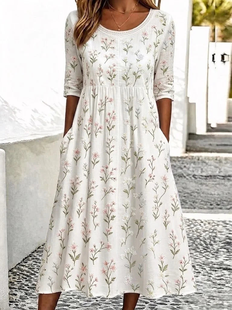 White Delicate Floral Print Crew Neck Half Sleeve Gathered Waist H-Line Midi Summer Dress With Side Pockets