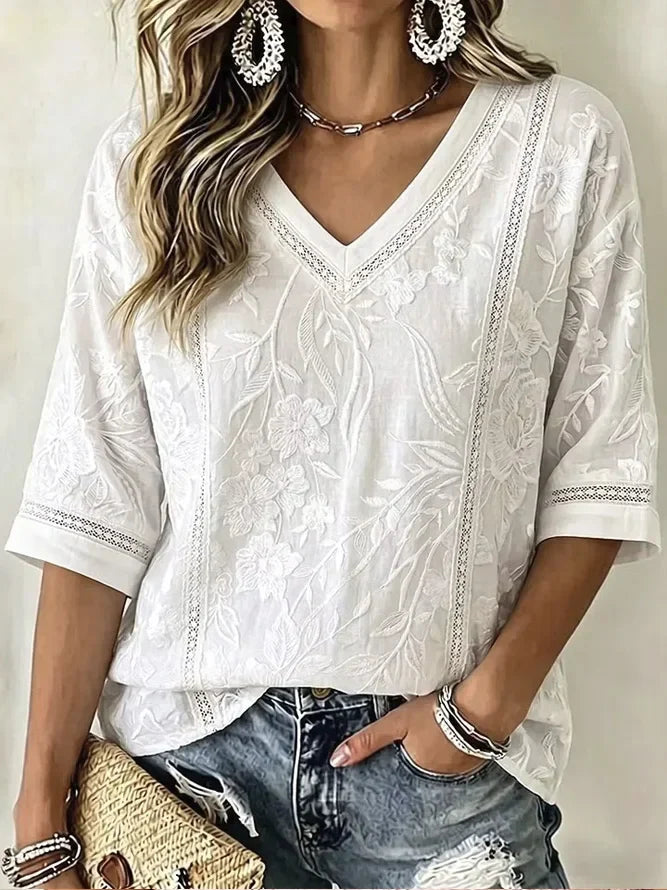 White Delicate Floral Embroidery V-Neck Half Sleeve Loose Casual Women T-shirt