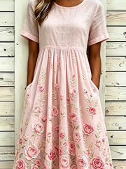 Pink Rose Floral Embroidery Crew Neck Half Sleeve Empire Waist A-Line Midi Summer T-Shirt Dress With Pockets