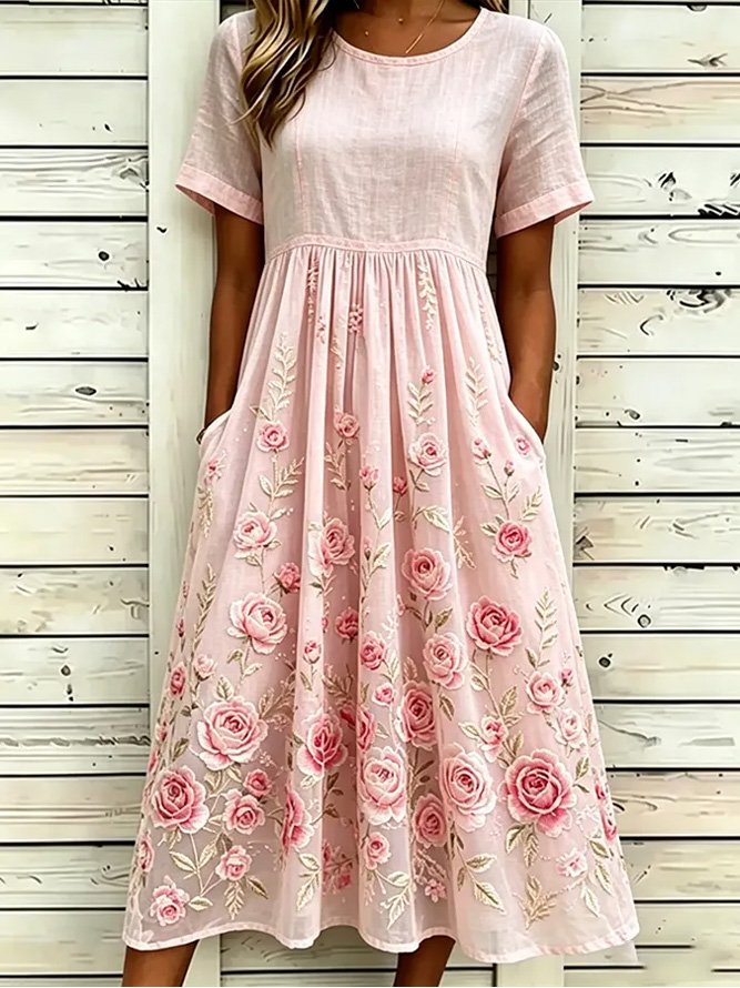 Pink Rose Floral Embroidery Crew Neck Half Sleeve Empire Waist A-Line Midi Summer T-Shirt Dress With Pockets