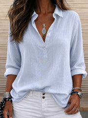 Stripe-Blue Shawl Collar Long Sleeve Striped Micro-Elastic Regular Fit Women Shirt
