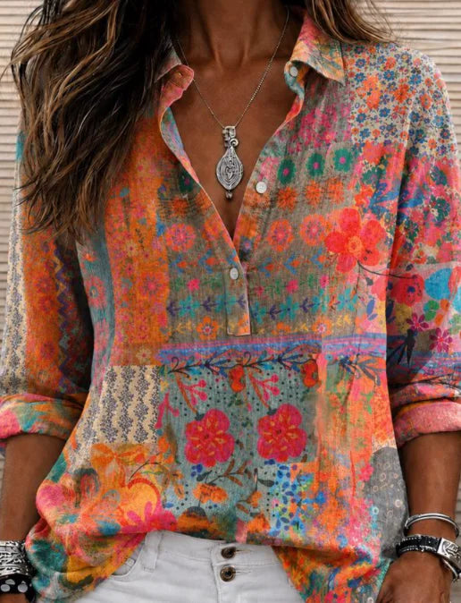 Pink Boho Floral Shawl Collar Long Sleeve Shirt