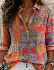 Pink Boho Floral Shawl Collar Long Sleeve Shirt