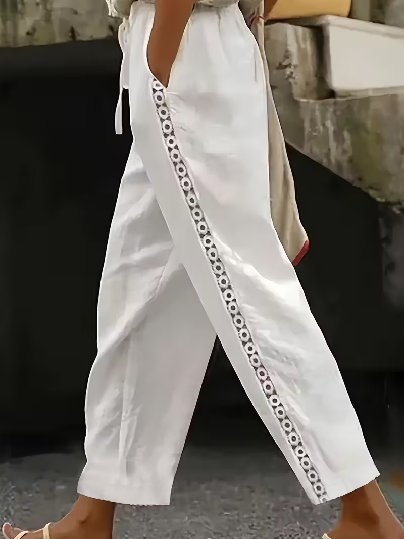 White Lace Trim Drawstring Casual Long Pants
