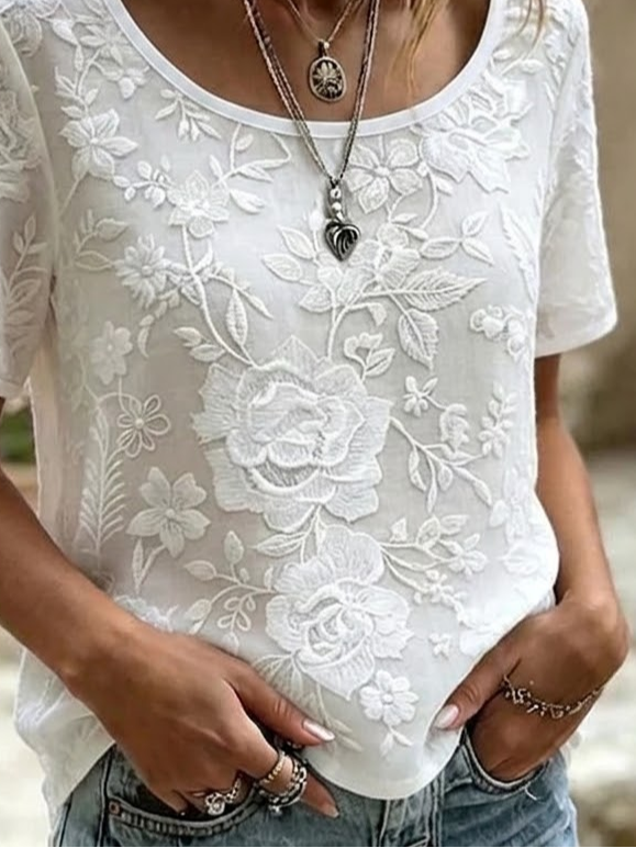 White 3D Floral Embroidered Crew Neck Tee