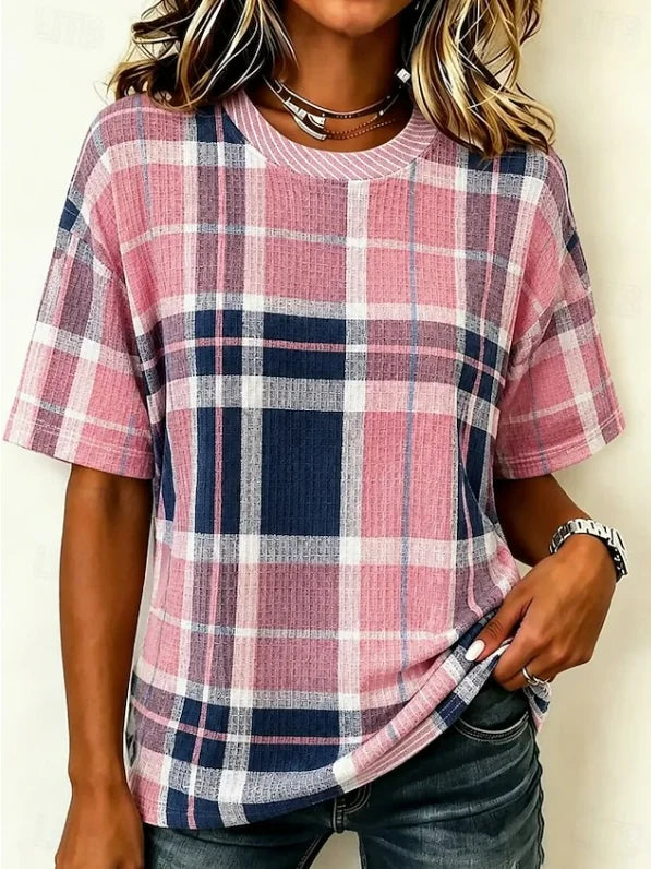 Pink Plaid Crew Neck Short Sleeve T-Shirt